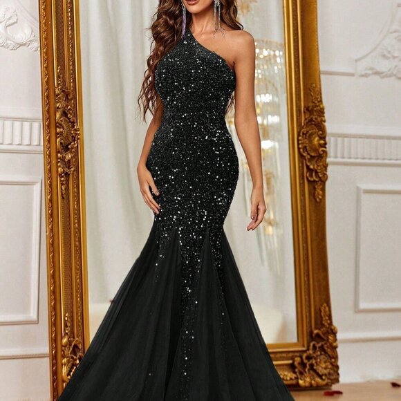 Black Women's One Shoulder Sequin Formal Prom Evening Gown - Picture 3 of 6